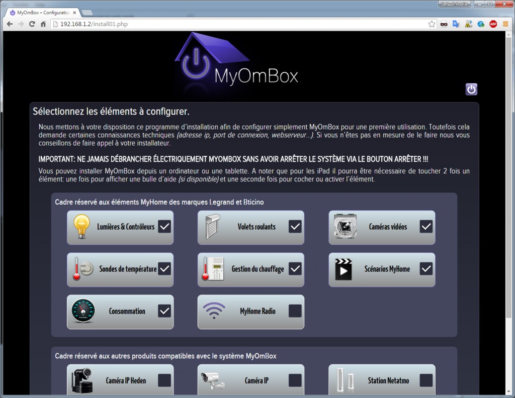 MyOmBox, page de configuration des produits électriques connectés myHome BUS/SCS
